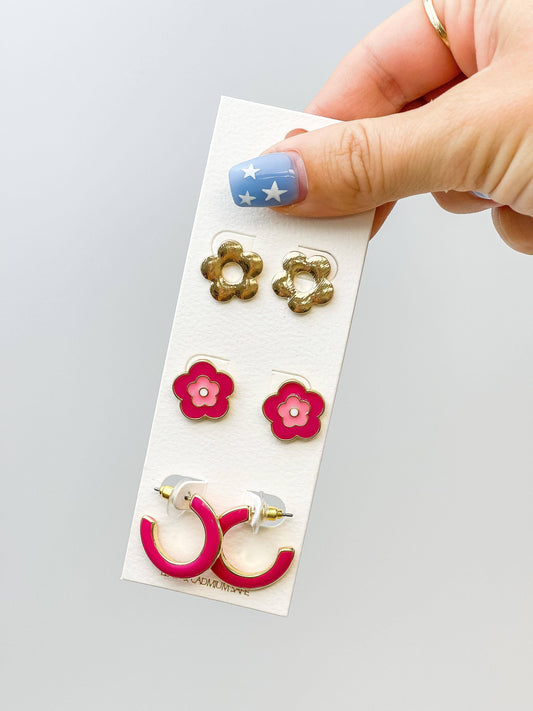 Pink Flower Earrings Set