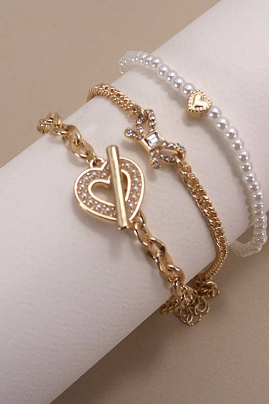 Bow Pearl Heart Bracelet Set