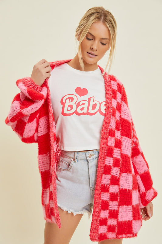 Red and Pink Checkered Cardigan