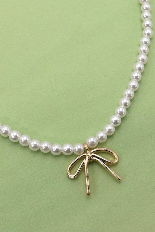 Pearl and Bow Charm Necklace